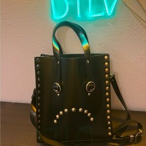 Black Mini Bag with Gold Studs and Green Handles